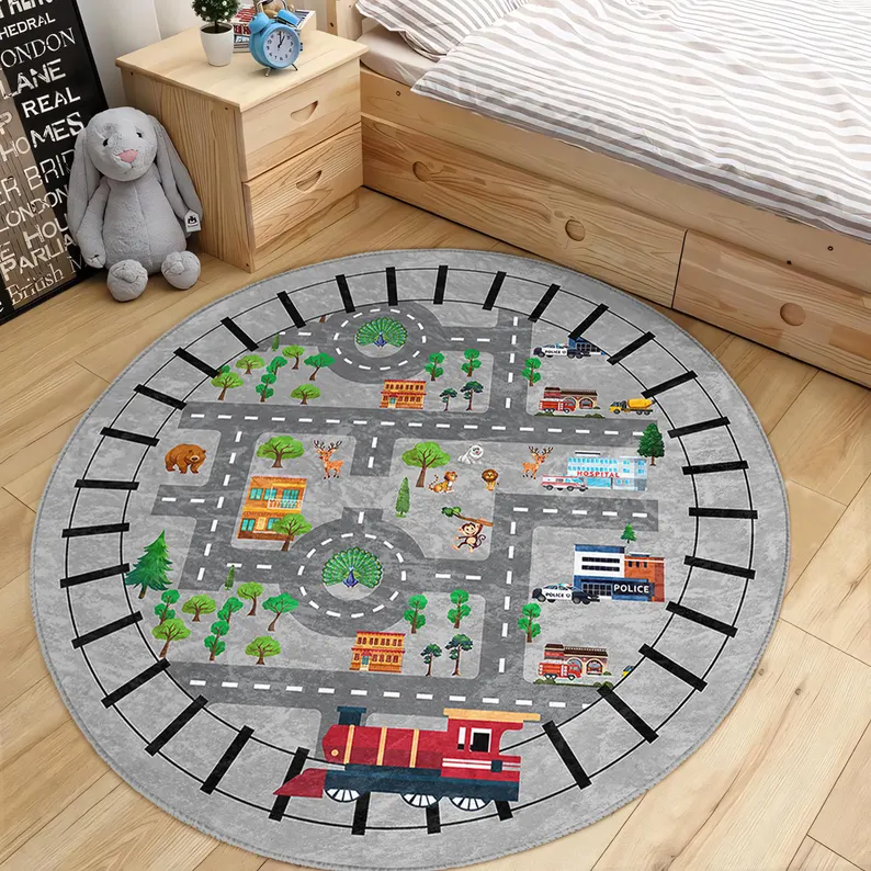 Outdoor Adventure For Toddlers - Roadway Toddler Room Round Rug Gray